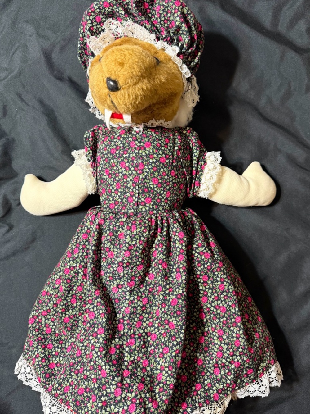 Plush Bear Doll in Black Floral Dress with Lace Bonnet